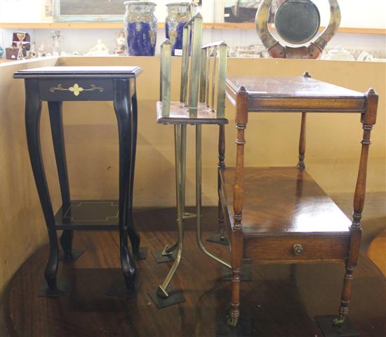 Magazine rack, carved pot stand & small mahogany trolley